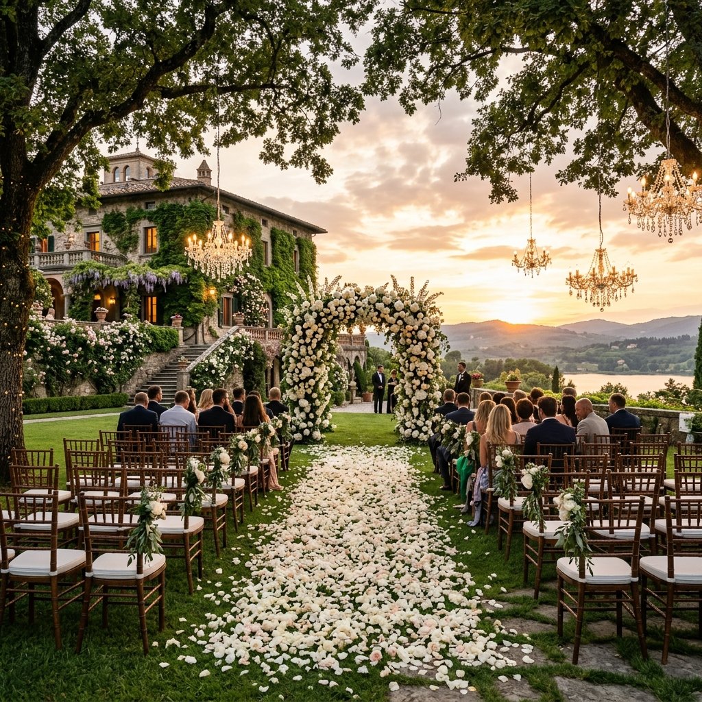 Ambiente decorado da cerimônia e recepção de casamento ao ar livre